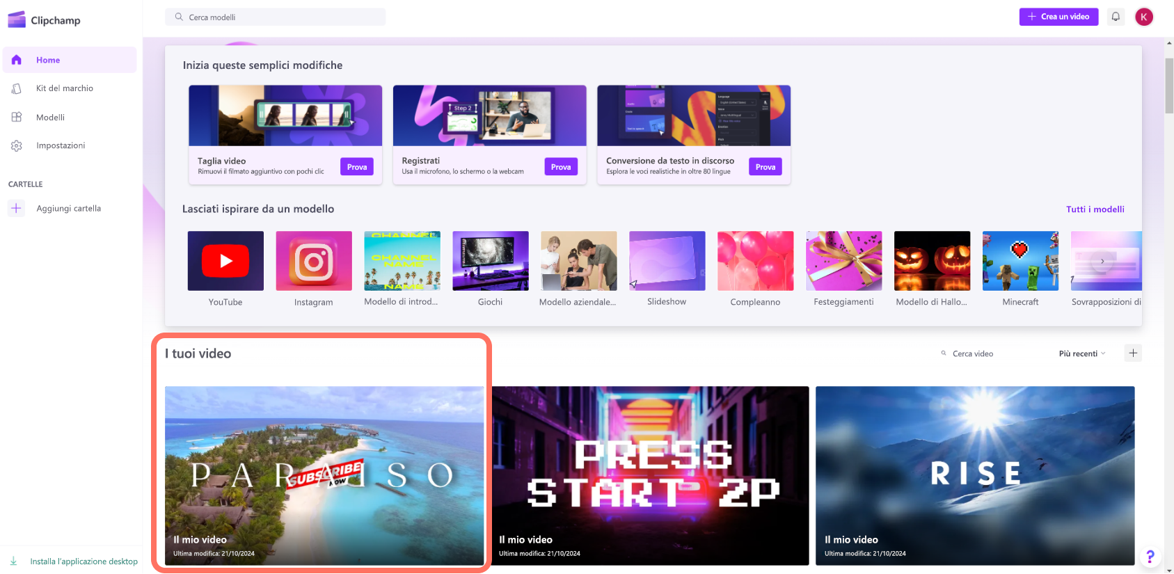 Una screenshot di un utente di Clipchamp per account personali che accede a un video dalla pagina iniziale.