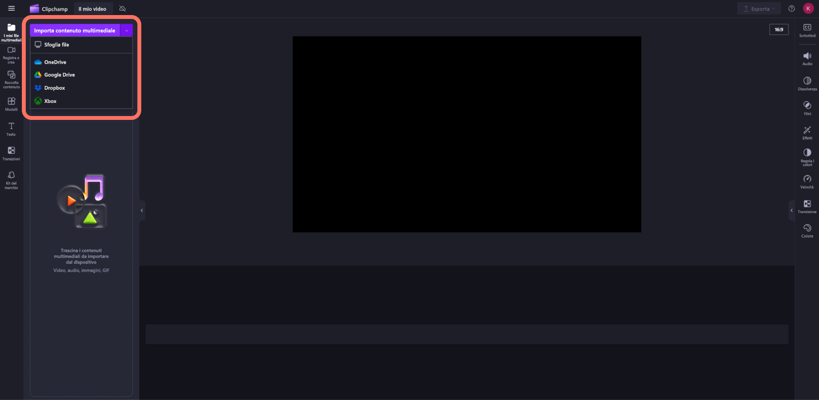 Una screenshot di un utente di Clipchamp per account personali mentre importa i file multimediali.