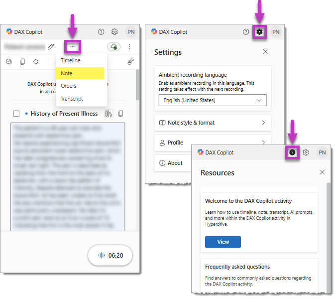 How to navigate to features in DAX Copilot for Epic Haiku or Canto.