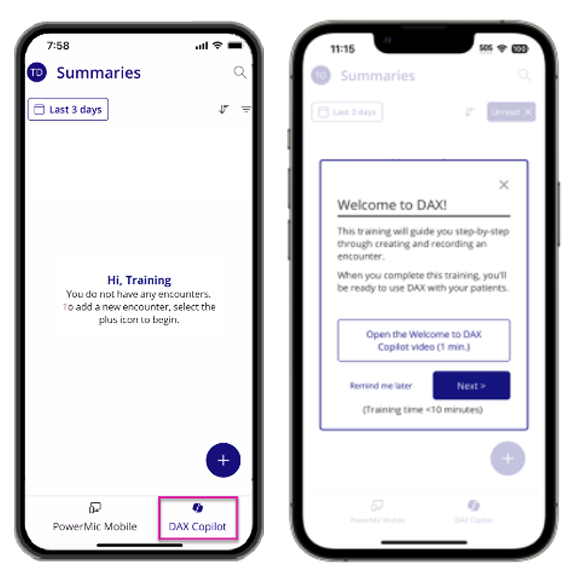 Image highlights DAX Copilot menu to be selected from PowerMic Mobile application