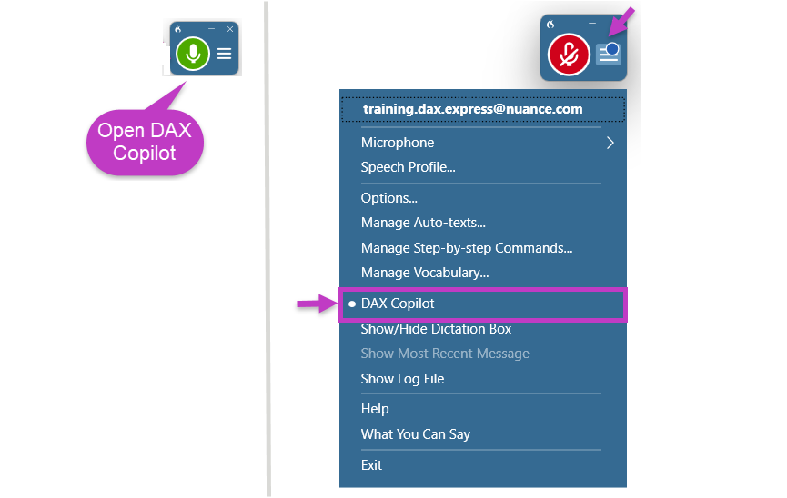 On left, Dragon mic with Open DAX Copilot chat bubble. On right, DAX Copilot highlighted in DragonBar menu.