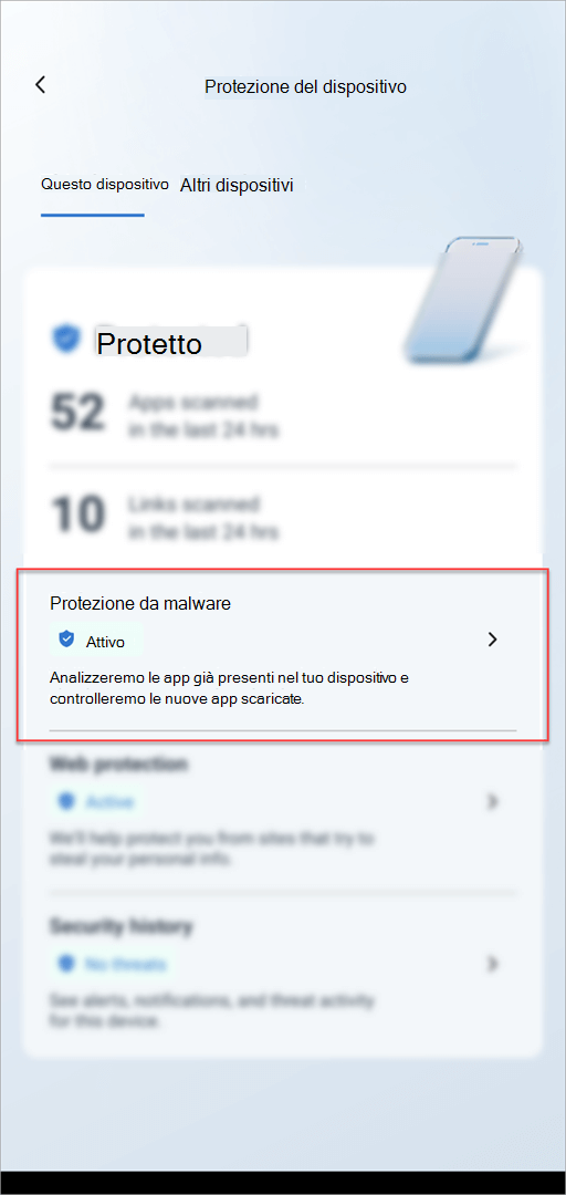 Scheda protezione dispositivo in Microsoft Defender su Android con la sezione Protezione malware evidenziata.