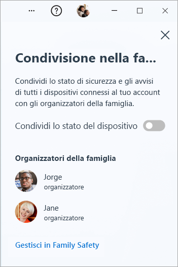 Pannello di condivisione della famiglia in Microsoft Defender su Windows.