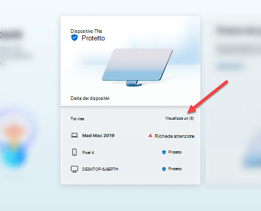 Scheda di protezione del dispositivo al centro del dashboard di Microsoft Defender.