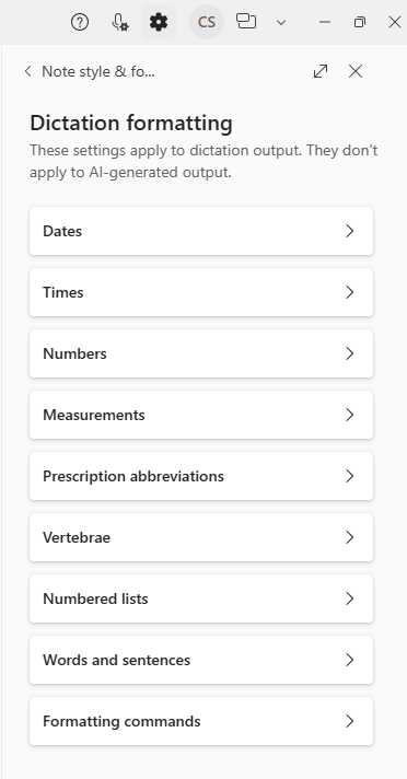 Screenshot that shows Settings > Note style & format > Dictation formatting.