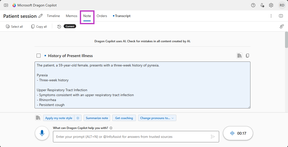 Example of a clinical note in Dragon Copilot