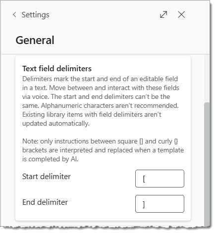Image of the Text field delimiters section in Settings in Dragon Copilot.