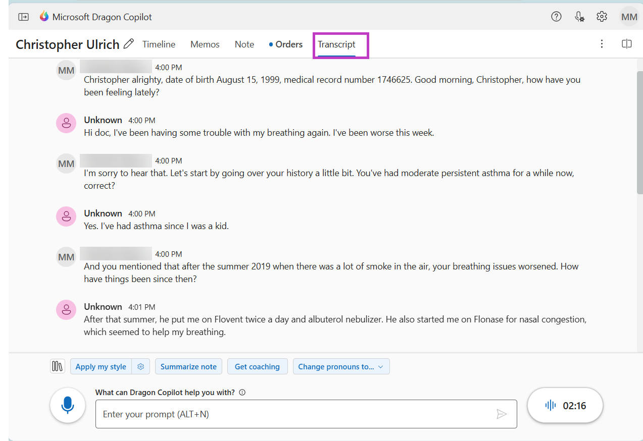 Example of a transcript in Project Flame