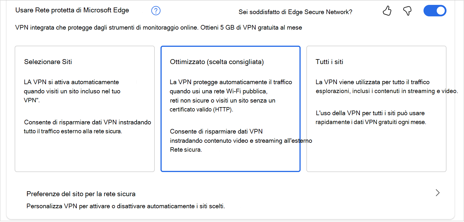 Screenshot delle opzioni in MicrosoftEdgeSecureNetwrok