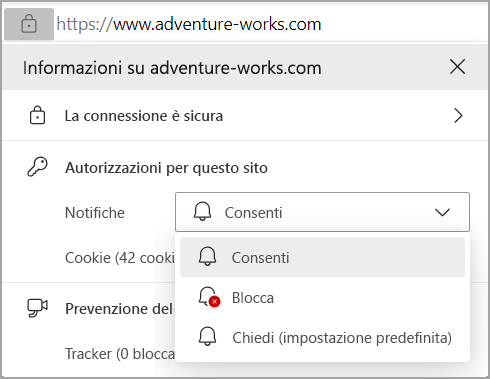 Immagine che mostra le autorizzazioni per le notifiche nella barra degli indirizzi del browser Edges.