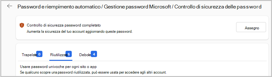 Screenshot del controllo sicurezza password con le schede.