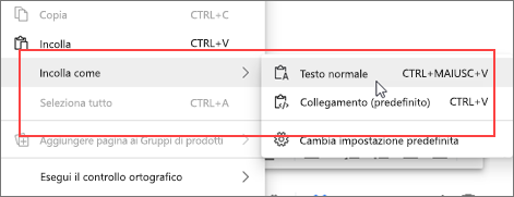 Menu di scelta rapida da incollare come testo normale.