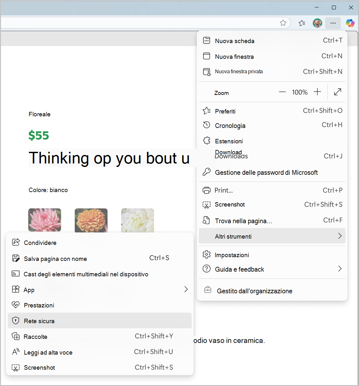 Screenshot del menu Rete sicura da Impostazioni e altro