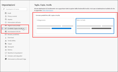 Screenshot delle impostazioni Condividi, Copia & Incolla.