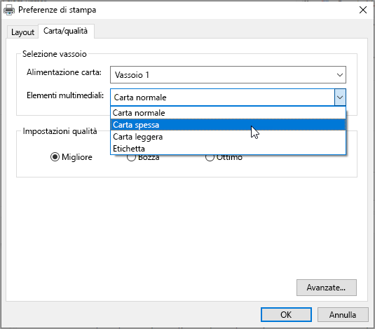 Preferenze della finestra di dialogo di stampa di sistema di Windows
