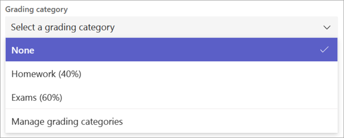 screenshot dell'elenco a discesa categoria di valutazione nella creazione di attività