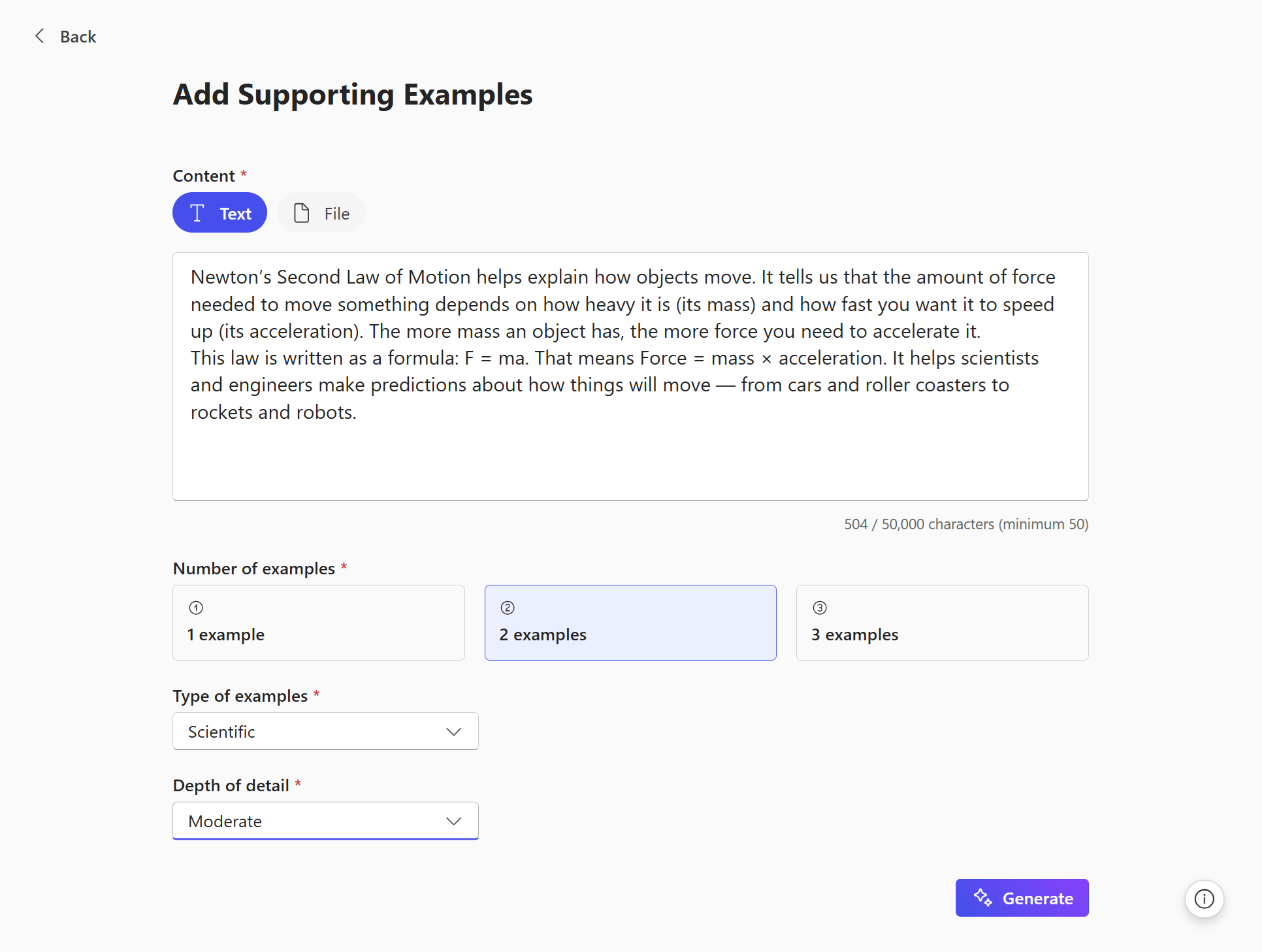 Screen titled Add Supporting Examples with a text box explaining Newtons Second Law, options for number of examples set to 2 examples, type set to Scientific, depth set to Moderate, and a Generate button