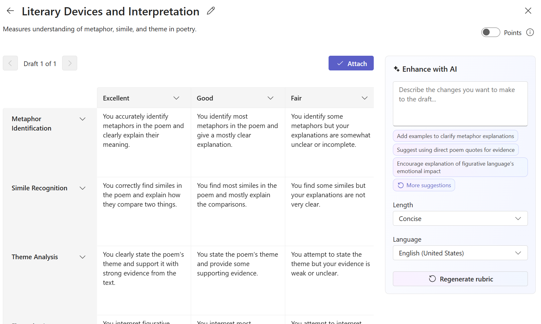 Rubric editor showing criteria levels and an AI panel with options to refine descriptions and regenerate rubric content.