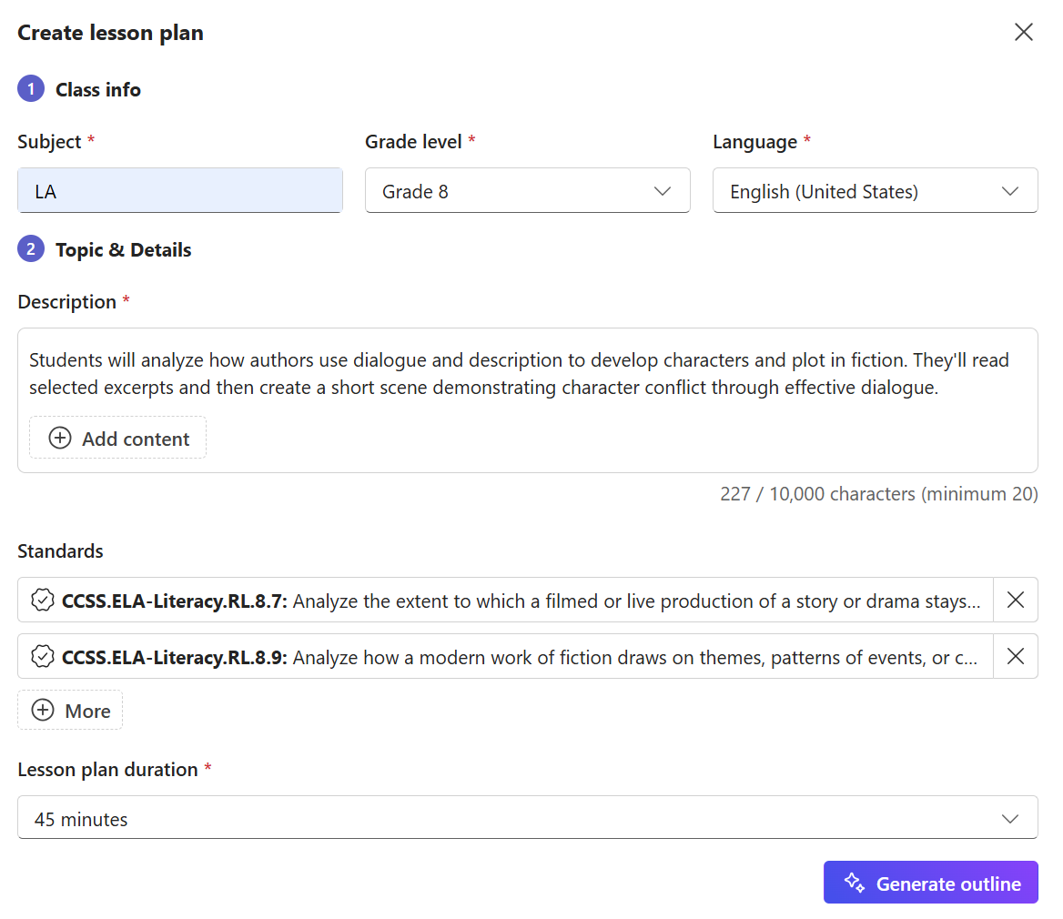 Form to create a lesson plan in Microsoft Teams, showing required fields for subject, grade level, language, description, standards, and lesson duration.