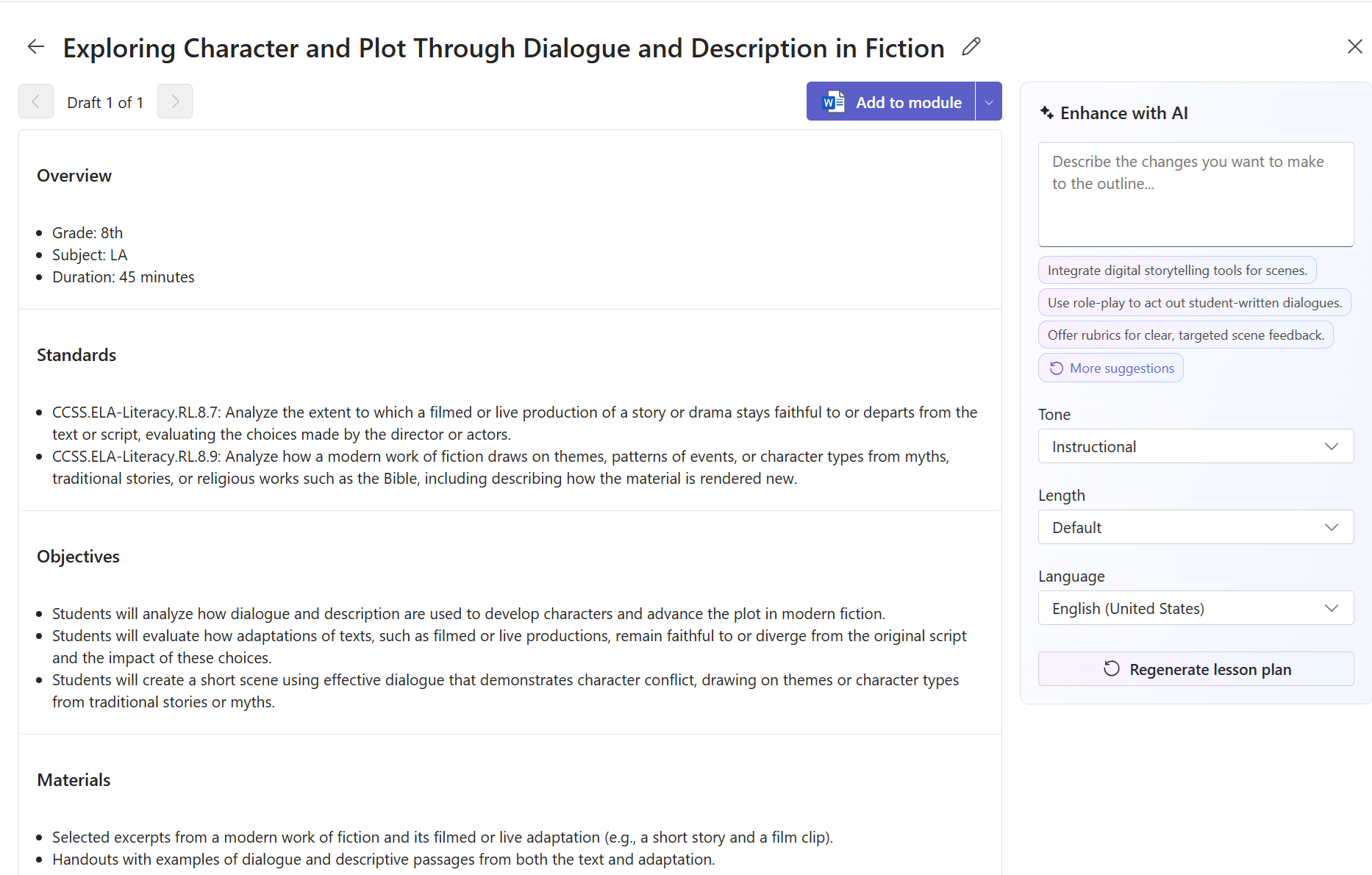 Draft lesson plan in Microsoft Teams with sections for overview, standards, objectives, and materials. An AI editing panel is visible on the right, with tone and length options and suggestions for improvement.