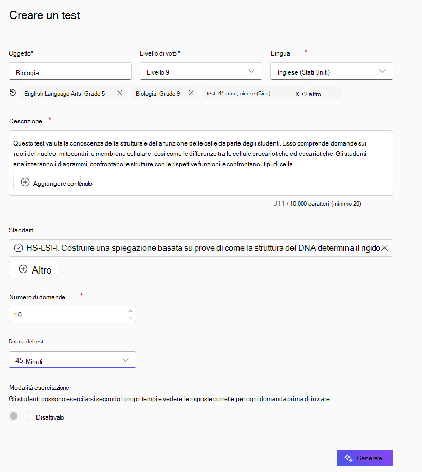Schermata intitolata Crea quiz che mostra la materia impostata su Biologia, il livello impostato su Grade 9, la lingua impostata su Inglese (Stati Uniti) e una descrizione sulla struttura e la funzione della cella. Viene selezionato uno standard di biologia (HS-LS1-1), il numero di domande impostato su 10, la durata del quiz impostata su 45 minuti, la modalità Pratica disattivata e un pulsante Genera in basso a destra