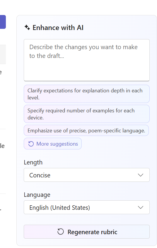 Enhance with AI panel showing text input, suggestion buttons, tone and language dropdowns, and a Regenerate rubric button.