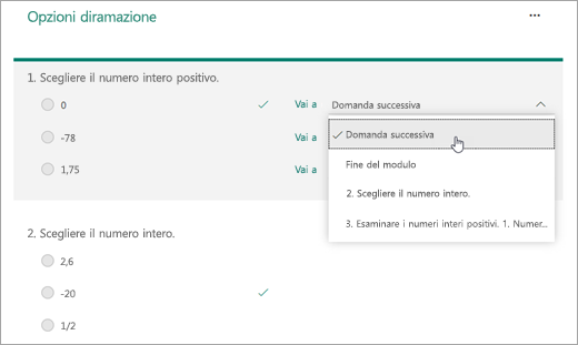 Screenshot della selezione di una domanda a cui creare una diramazione.