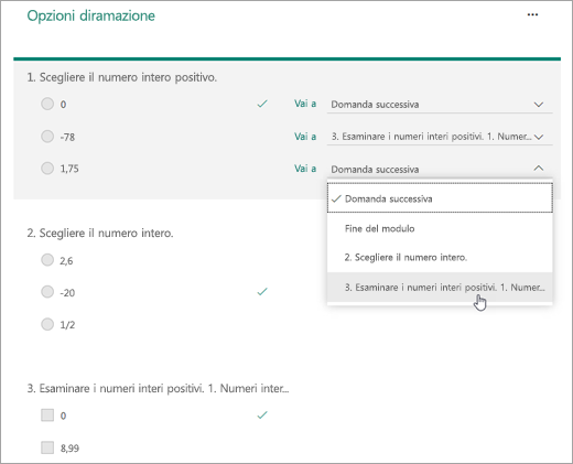 Screenshot della domanda di ramificazione.