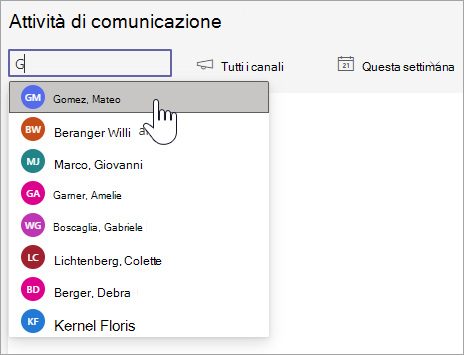 Screenshot che mostra l'elenco degli studenti visualizzato dopo aver cercato la lettera G nella casella di ricerca degli studenti. Gli elenchi a discesa aggiuntivi visualizzati a sinistra includono canali e intervalli di tempo