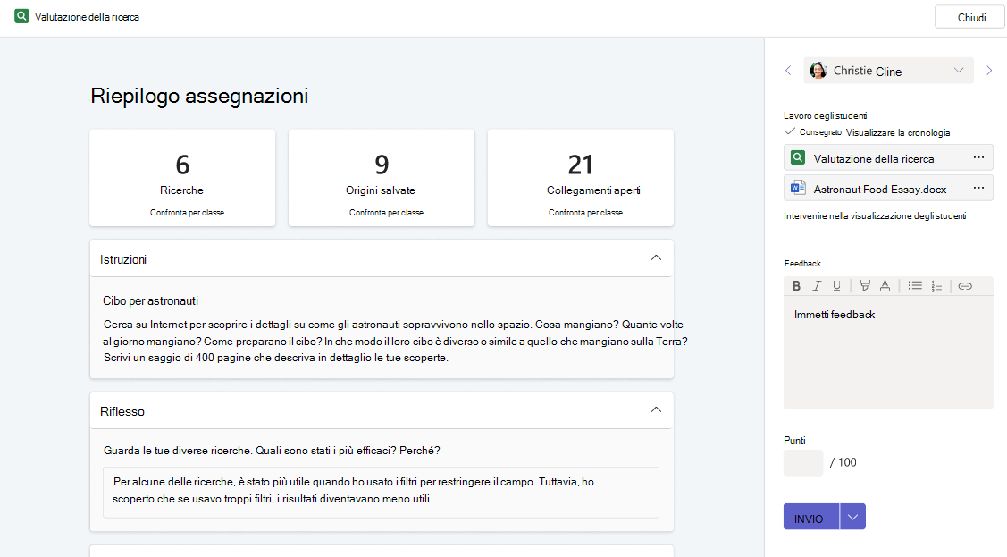 Pagina di riepilogo dell'attività, visualizzazione per i docenti, nella Valutazione della ricerca. Mostra i dettagli sulle ricerche e le riflessioni eseguite dallo studente di cui è stata aperta l'attività completata.