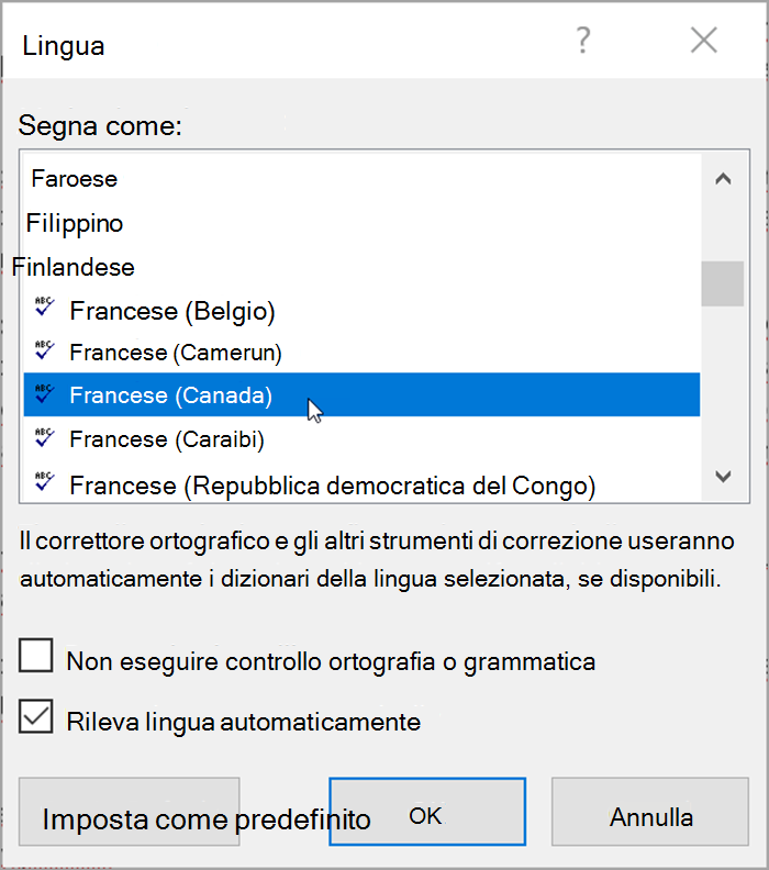 Screenshot da Word. Popup elenca le lingue che è possibile selezionare. Rileva lingua automaticamente è selezionato.