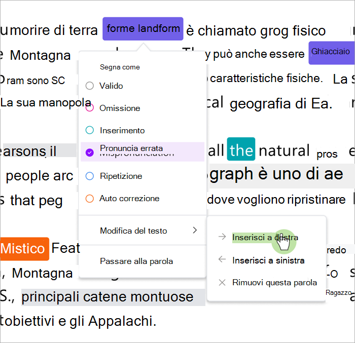 Screenshot del riquadro di revisione dello stato di lettura che mostra come inserire parole a destra o a sinistra di una parola selezionata