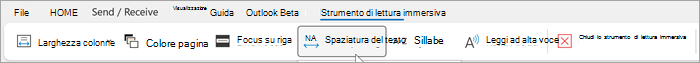 Screenshot della barra multifunzione dello strumento di lettura immersiva nella versione desktop di Outlook. Le opzioni da sinistra a destra sono larghezza delle colonne, colore pagina, focus su riga, spaziatura del testo, sillabe, lettura ad alta voce, chiusura dello strumento di lettura immersiva