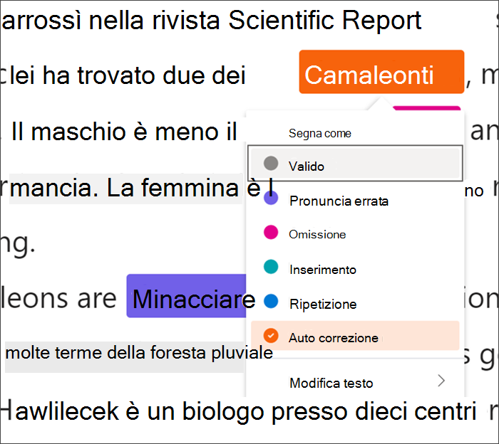 testo contrassegnato con errori, la parola camaleonti viene racchiusa in una radura nera che indica che vengono usate le scelte rapide da tastiera, un menu a discesa mostra l'auto-correzione selezionata tra i tipi di errori disponibili.