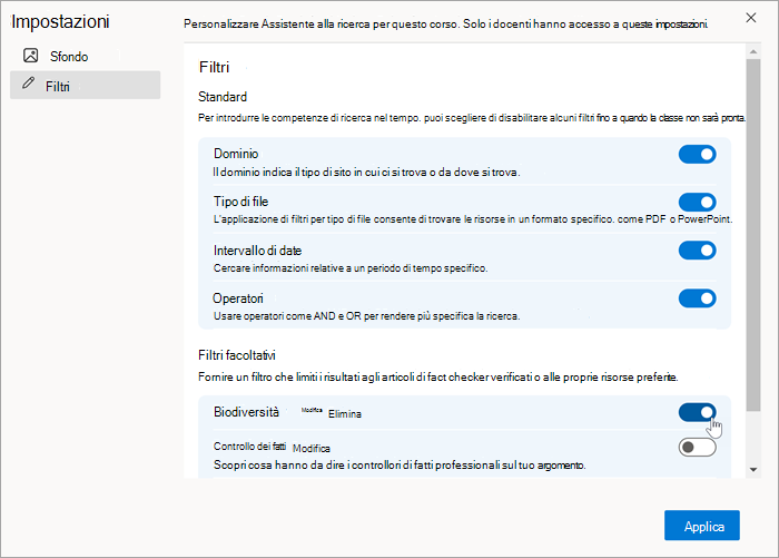 Screenshot di un filtro personalizzato visualizzato nell'impostazione dei filtri dopo la creazione. può essere attivata e disattivata.