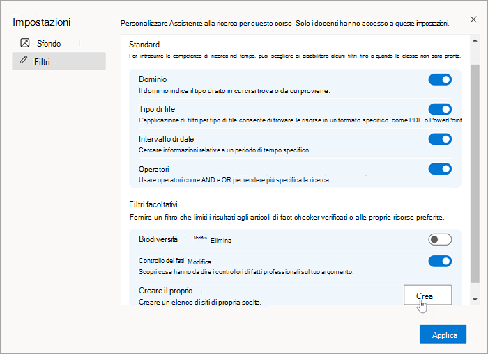 Screenshot della sezione filtri nelle impostazioni con il mouse che seleziona Crea in crea il tuo