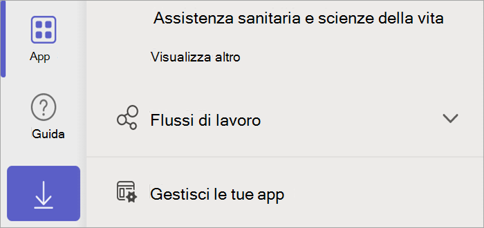 Screenshot di Teams che mostra il pulsante app, che mostra il pulsante Gestisci le app.