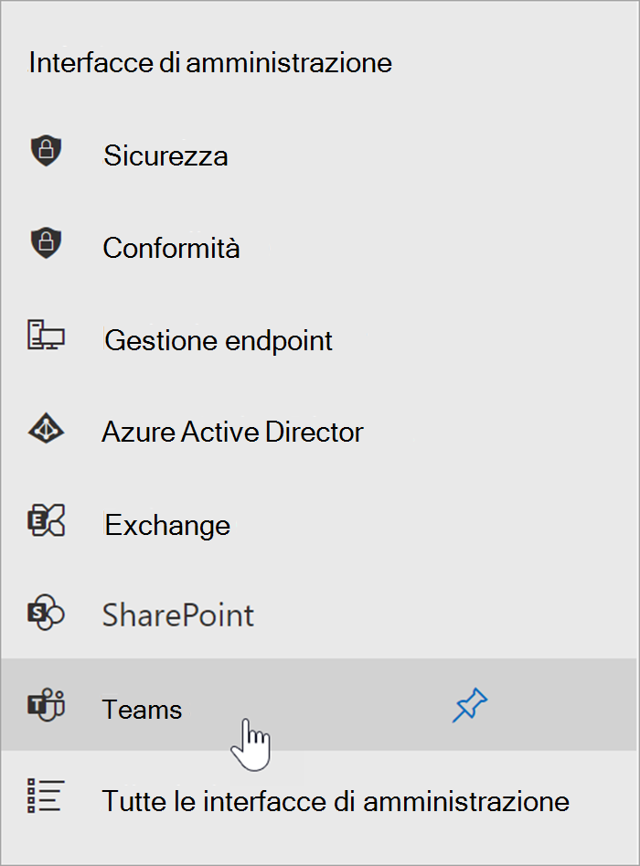 screenshot dell'interfaccia di amministrazione di Microsoft 365 con il cursore posizionato sul punto di ingresso per l'interfaccia di amministrazione di Teams.