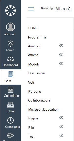 Selezionare Microsoft Education nel menu di spostamento del corso Canvas