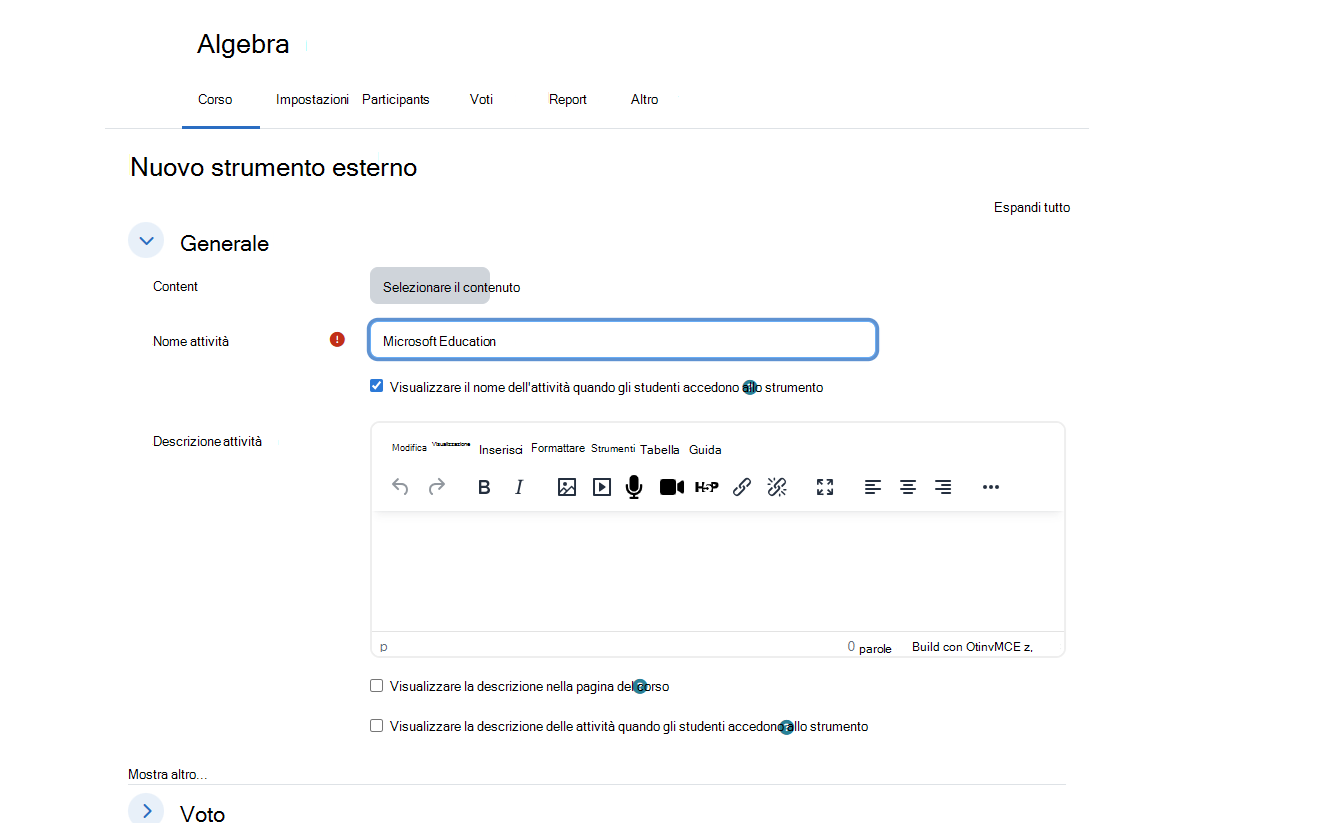 Finestra di dialogo Nuovo strumento esterno Moodle