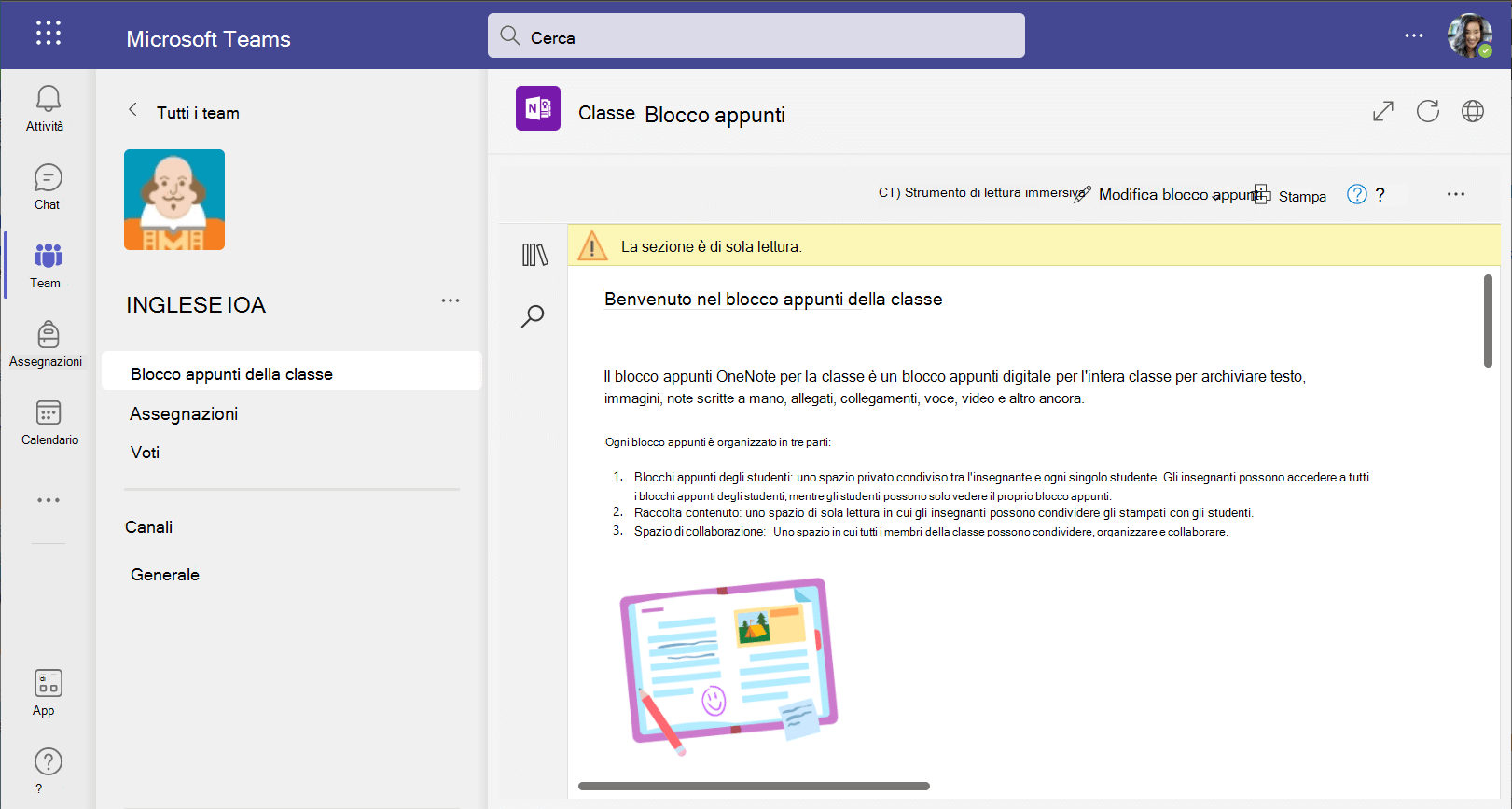 Screenshot del blocco appunti della classe nella versione Web di Teams.