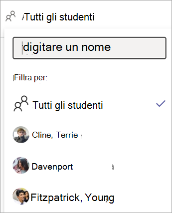 Menu a discesa per il filtro degli studenti nel report sullo stato degli esercizi