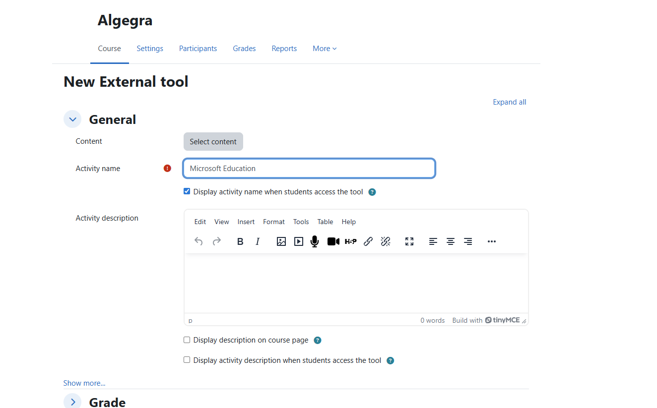 Finestra di dialogo Nuovo strumento esterno Moodle