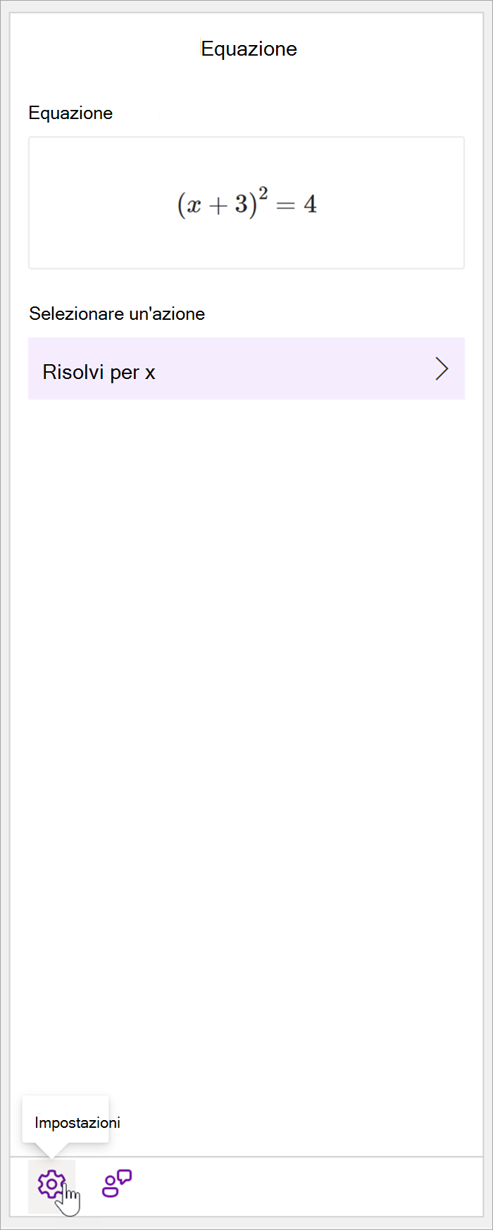 screenshot dell'intero riquadro matematico in onenote desktop con l'equazione (x+3)^2=4. un cursore passa sull'icona delle impostazioni.