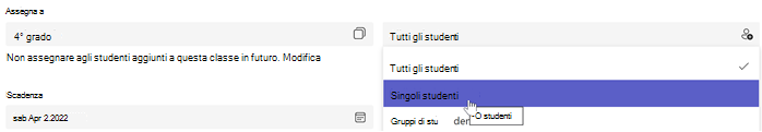 Screenshot della creazione dell'attività che seleziona assegna a: singoli studenti