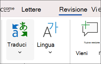 screenshot in Microsoft Word che mostra la selezione di Rivedi e quindi Traduci