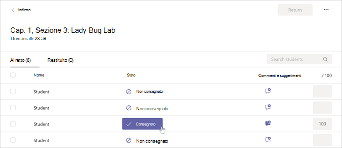 Il cursore passa sopra il pulsante Attivato all'interno di un' attività selezionata in Microsoft Teams.