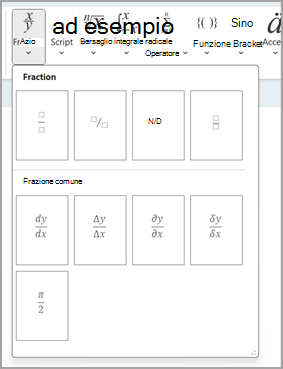 Menu Frazione nella barra dell'equazione.