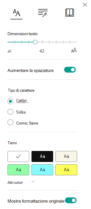 Screenshot delle opzioni di testo.