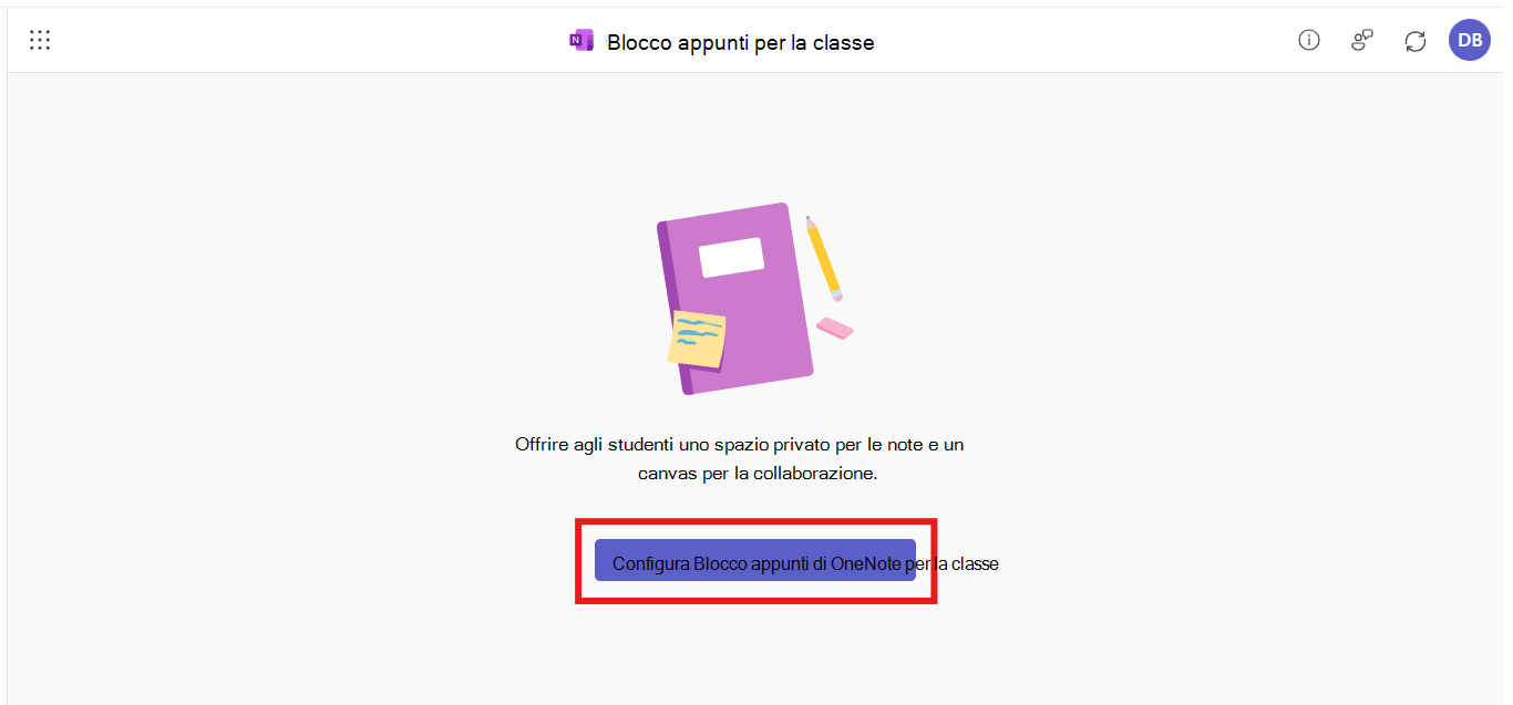 L'app Blocco appunti per la classe è aperta nell'integrazione LTI di M365. All'utente viene richiesto di creare un nuovo blocco appunti